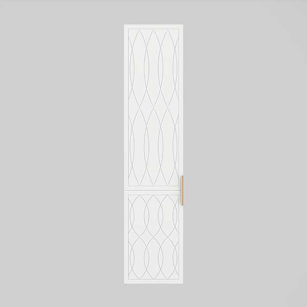 Timberline Sutherland House Deco white wall hung storage cabinet with patterned doors and gold handle, front view