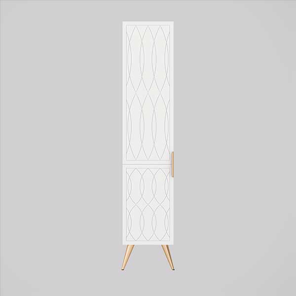 Timberline Sutherland House Deco white floor-standing storage cabinet with patterned door and tapered legs