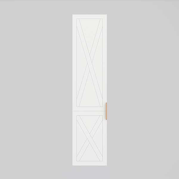 Timberline Sutherland House white wall-hung bathroom storage cabinet with farmhouse X-panel doors and slim handle