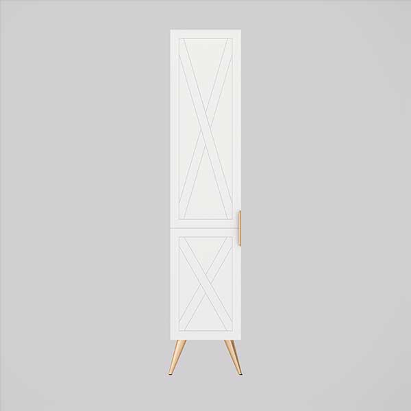 Timberline Sutherland House farmhouse storage cabinet in white, floor-standing tallboy with slim legs and single door front view