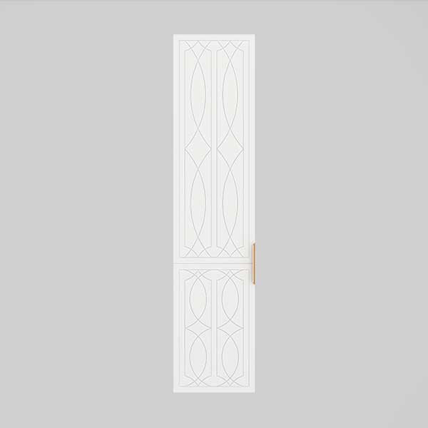 Timberline Sutherland House Regency wall hung storage cabinet, white, with decorative panel detail and gold handle, front view