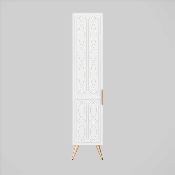 Timberline Sutherland House Regency tall storage cabinet in white, with decorative doors and angled legs, front view