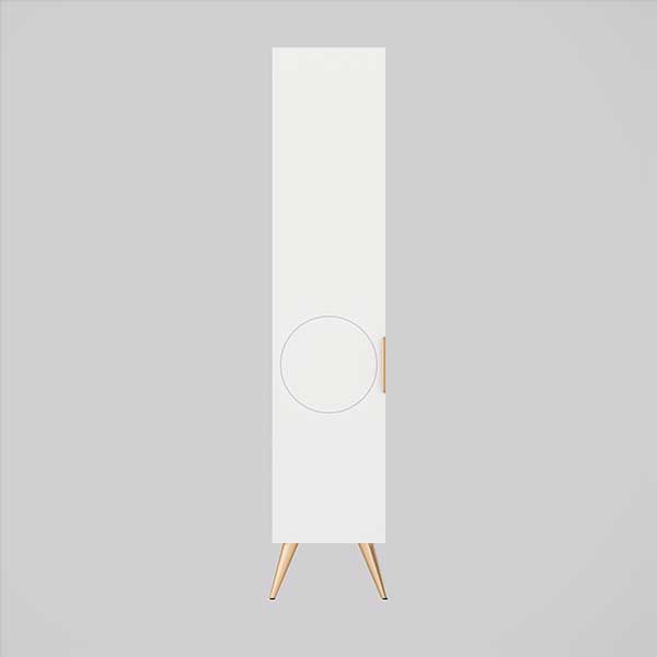 Timberline Sutherland House retro storage cabinet in white, front view with round handle and timber legs