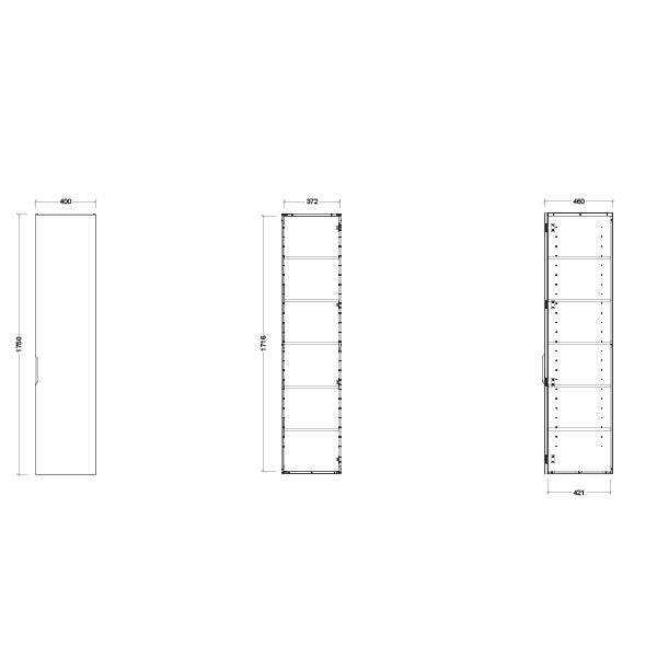 Timberline Sutherland House Deco wall hung storage cabinet technical drawing, single-door 400mm wide, 1750mm high, with five shelves shown inside