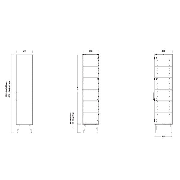 Timberline Sutherland House Retro Storage Cabinet technical drawing showing tall floor-standing cabinet dimensions and internal shelves