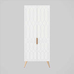 Timberline Sutherland House Deco white floor-standing storage cabinet with patterned doors and timber legs