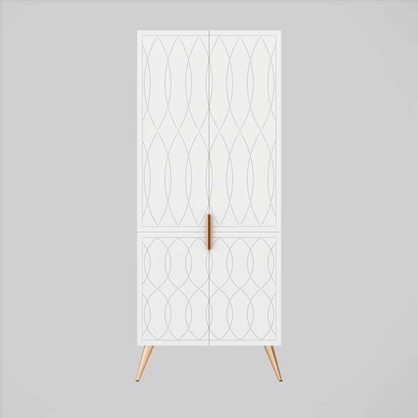 Timberline Sutherland House Deco white floor-standing storage cabinet with patterned doors and timber legs