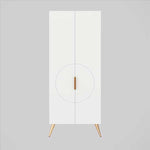 Timberline Sutherland House Retro Storage Cabinet in white, front view, with two doors, slim handle and angled legs