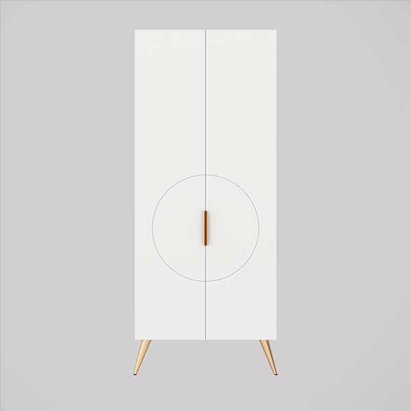 Timberline Sutherland House Retro Storage Cabinet in white, front view, with two doors, slim handle and angled legs