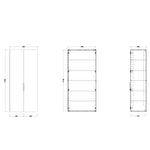 Technical drawing of Timberline Sutherland House Deco wall hung storage cabinet, 800mm double door, white, front and side views with dimensions