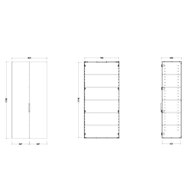 Technical drawing of Timberline Sutherland House Deco wall hung storage cabinet, 800mm double door, white, front and side views with dimensions