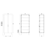 Timberline Sutherland House Retro Storage Cabinet technical drawing, 800mm tallboy with double doors and internal shelving, front and side views