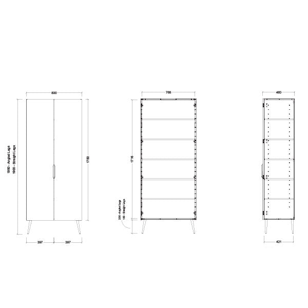 Timberline Sutherland House Retro Storage Cabinet technical drawing, 800mm tallboy with double doors and internal shelving, front and side views