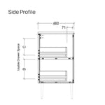 Technical side profile drawing of Timberline Sutherland House Farmhouse vanity, showing drawer space and 460mm depth dimensions.