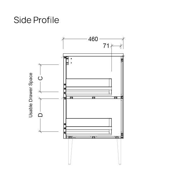 Technical side profile drawing of Timberline Sutherland House Farmhouse vanity, showing drawer space and 460mm depth dimensions.
