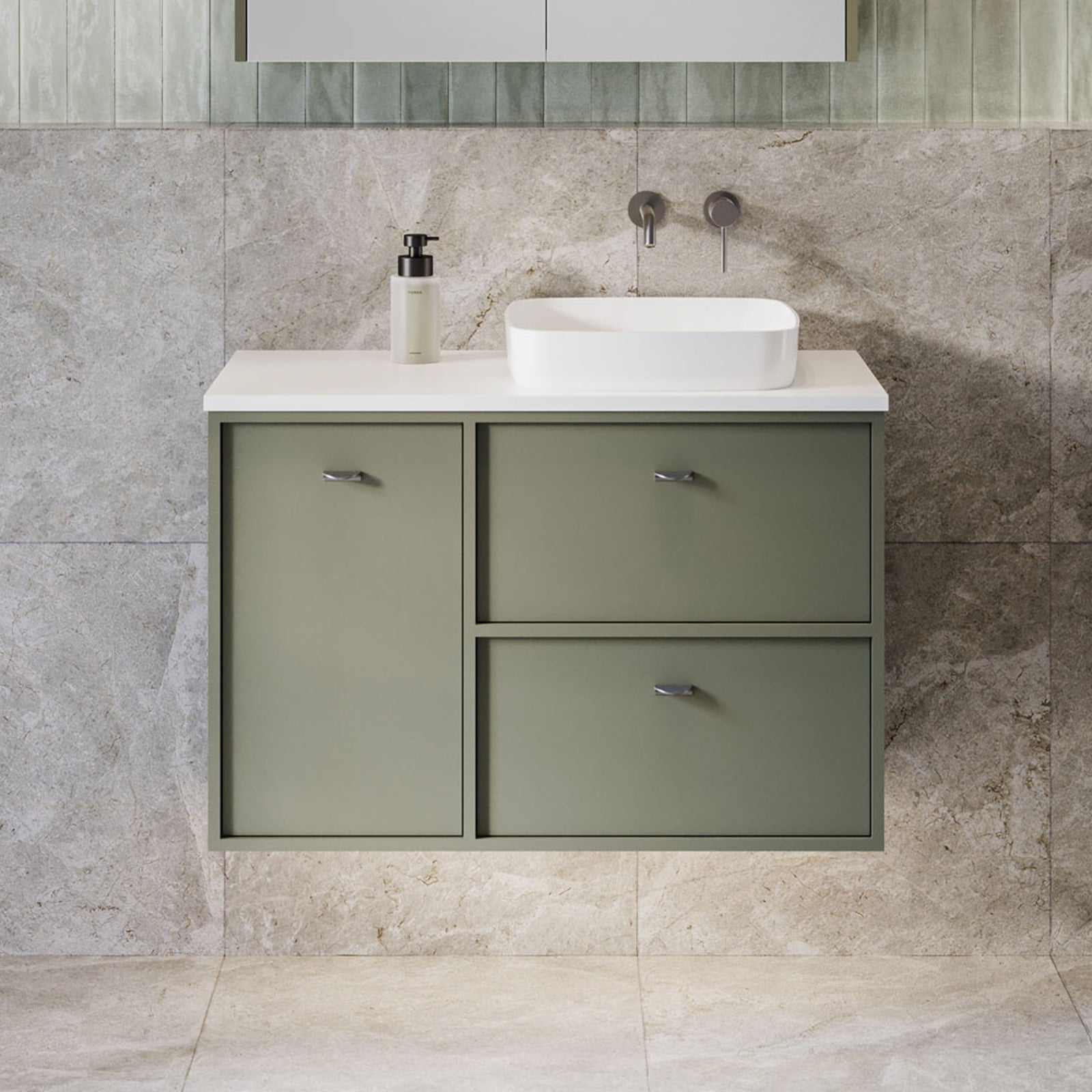 Timberline Takano wall hung vanity in sage green with white top and above counter basin in bathroom setting