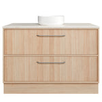 Timberline Taro floor standing vanity in light woodgrain with SilkSurface top and white above counter basin, front view