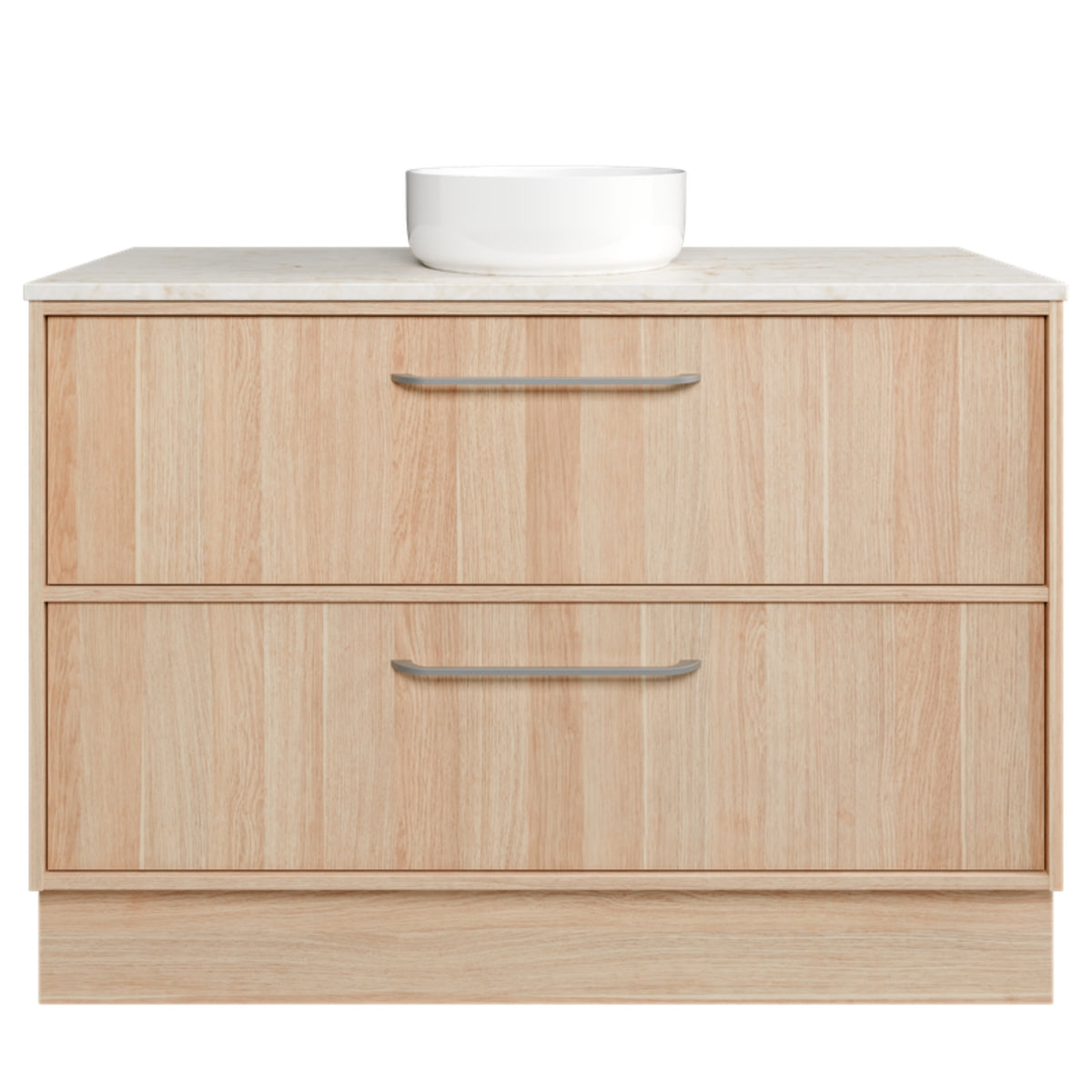 Timberline Taro floor standing vanity in light woodgrain with SilkSurface top and white above counter basin, front view
