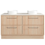 Timberline Taro floor standing vanity in light woodgrain with white double basins and four drawers