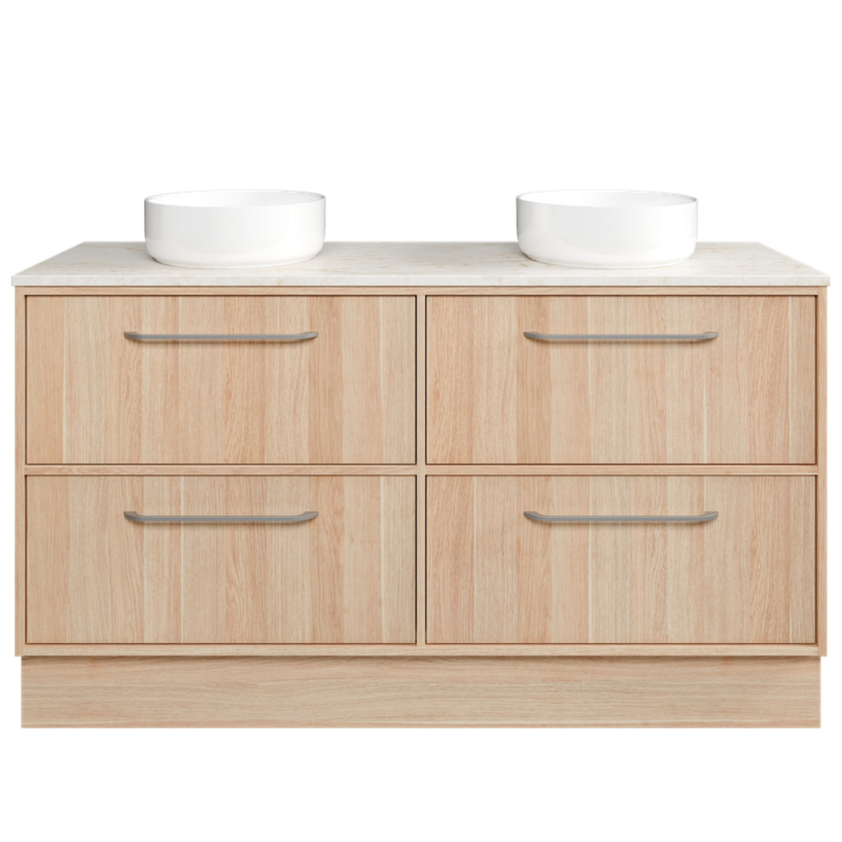 Timberline Taro floor standing vanity in light woodgrain with white double basins and four drawers