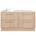 Timberline Taro floor standing vanity in light woodgrain with SilkSurface top and white above counter basin, front view