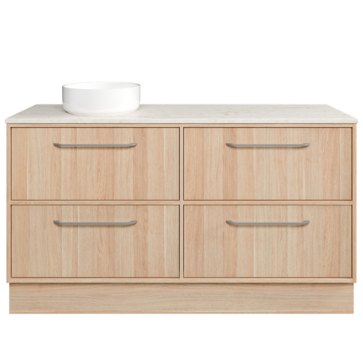 Timberline Taro floor standing vanity in light woodgrain with SilkSurface top and white above counter basin, front view