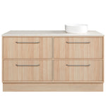 Timberline Taro floor standing vanity with light woodgrain drawers, SilkSurface top and white above counter basin