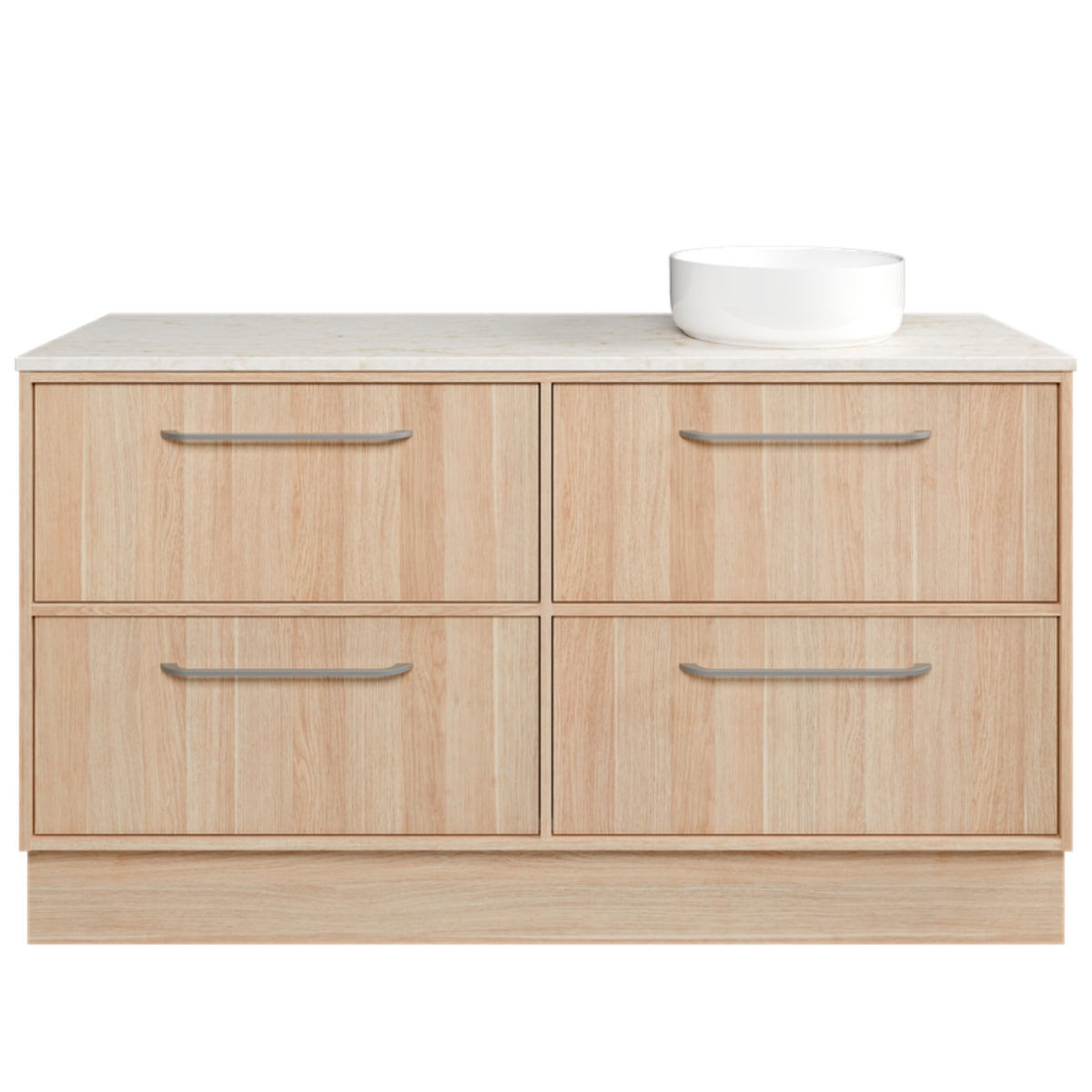 Timberline Taro floor standing vanity with light woodgrain drawers, SilkSurface top and white above counter basin