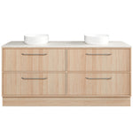 Timberline Taro floor standing vanity in light wood grain with SilkSurface top and two above counter basins