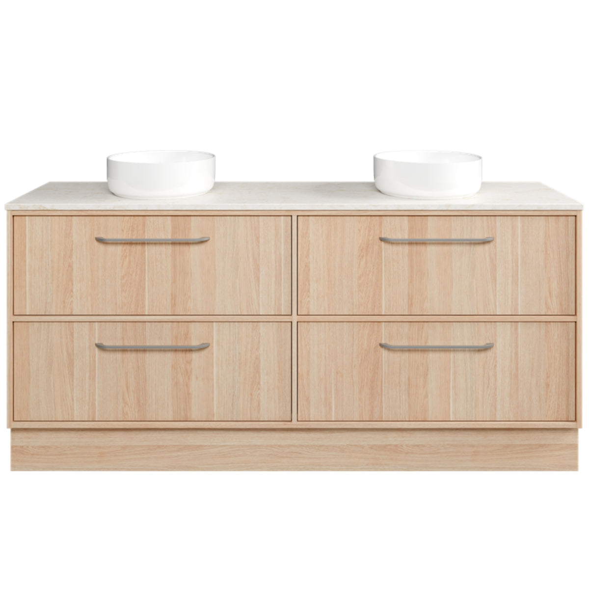 Timberline Taro floor standing vanity in light wood grain with SilkSurface top and two above counter basins