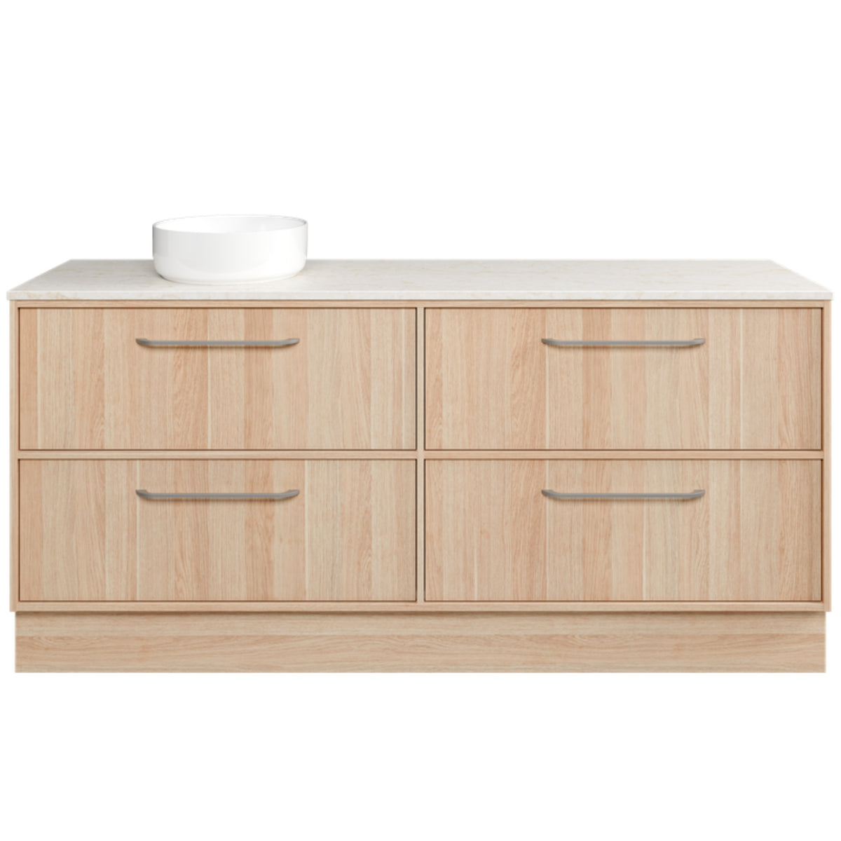 Timberline Taro floor standing vanity, light woodgrain finish, SilkSurface top and white above counter basin, front view