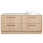 Timberline Taro floor standing vanity with light woodgrain drawers, SilkSurface top and white above counter basin