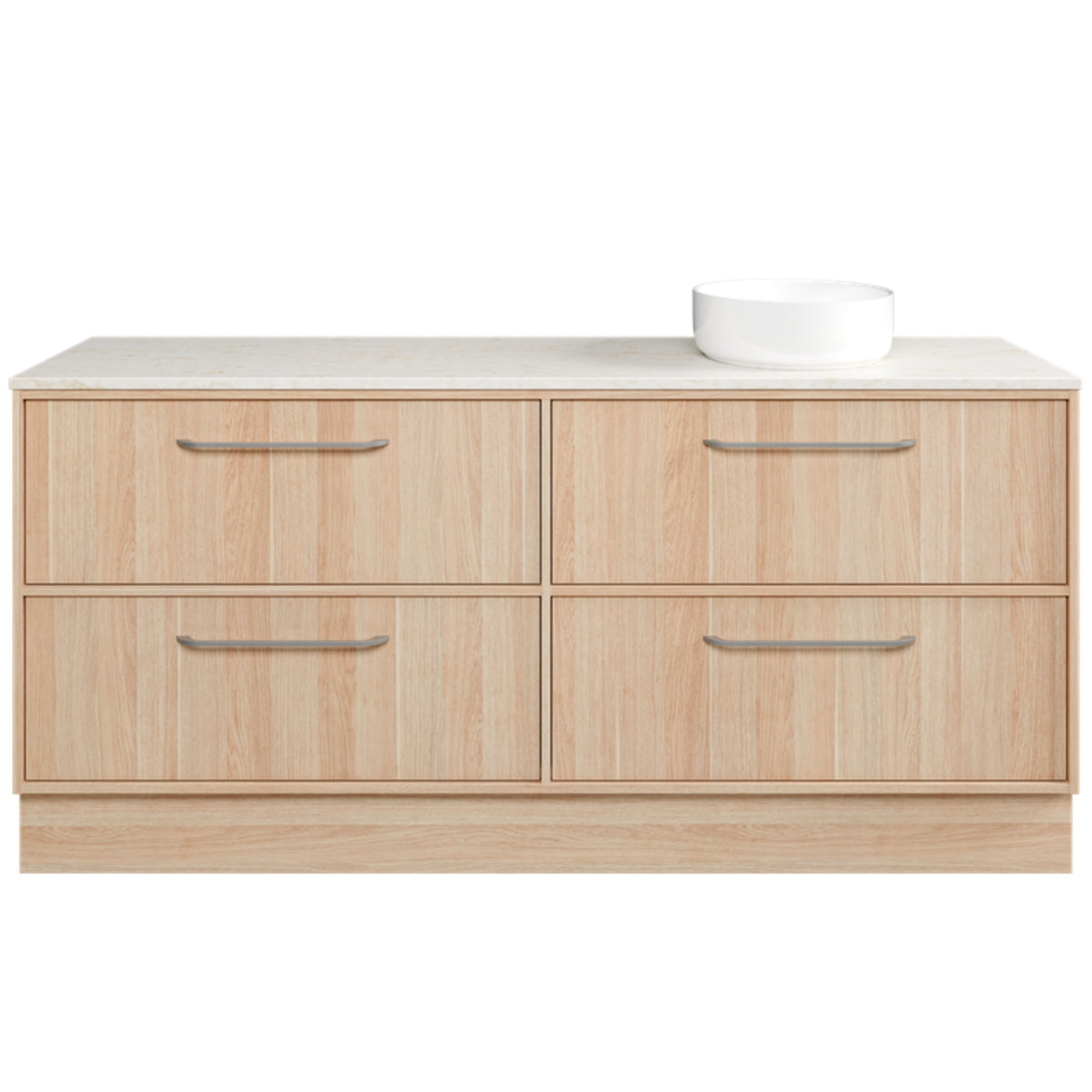Timberline Taro floor standing vanity with light woodgrain drawers, SilkSurface top and white above counter basin