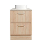 Timberline Taro floor standing vanity in light woodgrain with SilkSurface top and round above-counter basin