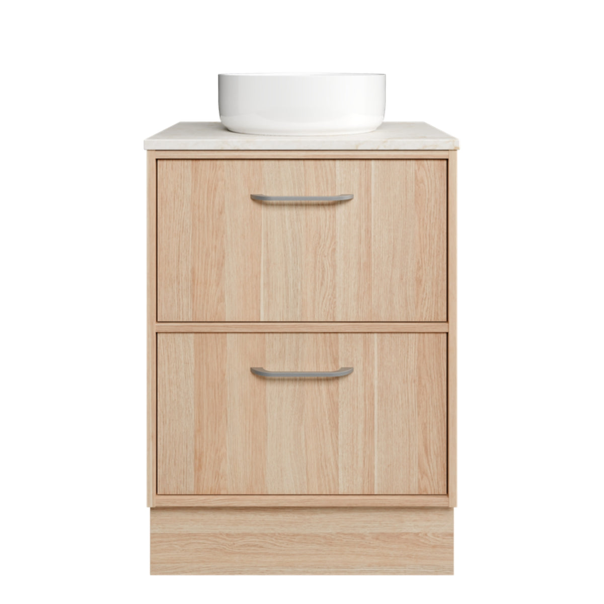 Timberline Taro floor standing vanity in light woodgrain with SilkSurface top and round above-counter basin