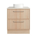 Timberline Taro floor standing vanity in light wood grain with white SilkSurface top and above counter basin, front view