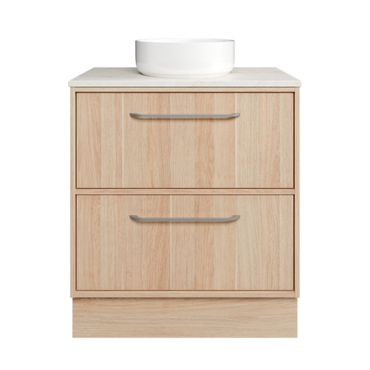 Timberline Taro floor standing vanity in light wood grain with white SilkSurface top and above counter basin, front view