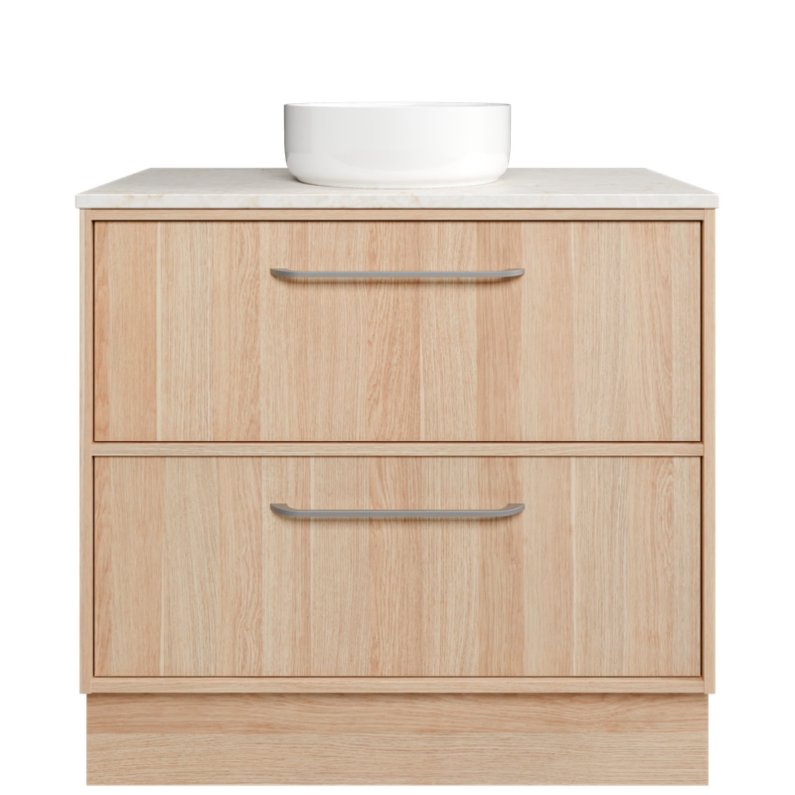 Timberline Taro floor standing vanity in light timber finish with SilkSurface top and above counter basin, front view