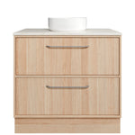 Timberline Taro floor standing vanity in light timber finish with SilkSurface top and above counter basin, front view
