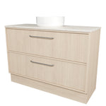 Timberline Taro floor standing vanity in light woodgrain with SilkSurface top and white above counter basin, angled view