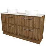 Timberline Taro floor standing vanity in woodgrain finish with SilkSurface top and two above counter basins