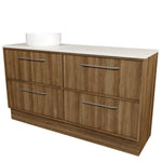 Timberline Taro floor standing vanity in woodgrain finish with white top and above-counter basin, angled view