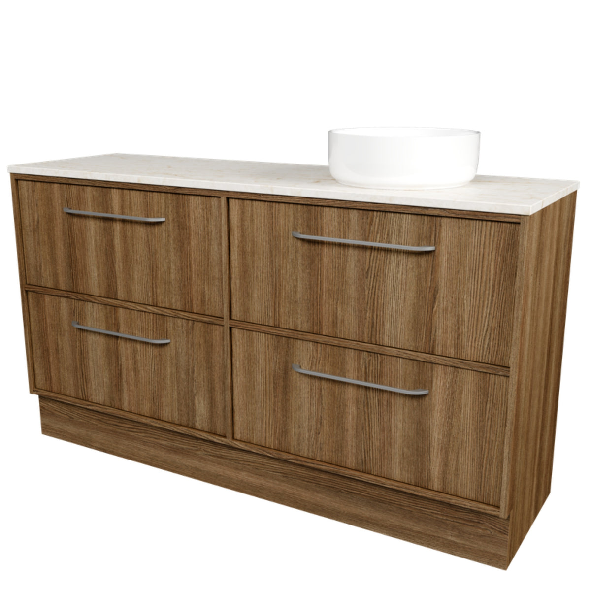Timberline Taro floor standing vanity in woodgrain finish with white SilkSurface top and above counter basin