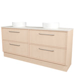 Timberline Taro floor standing vanity in light woodgrain with SilkSurface top and two above-counter basins, front view
