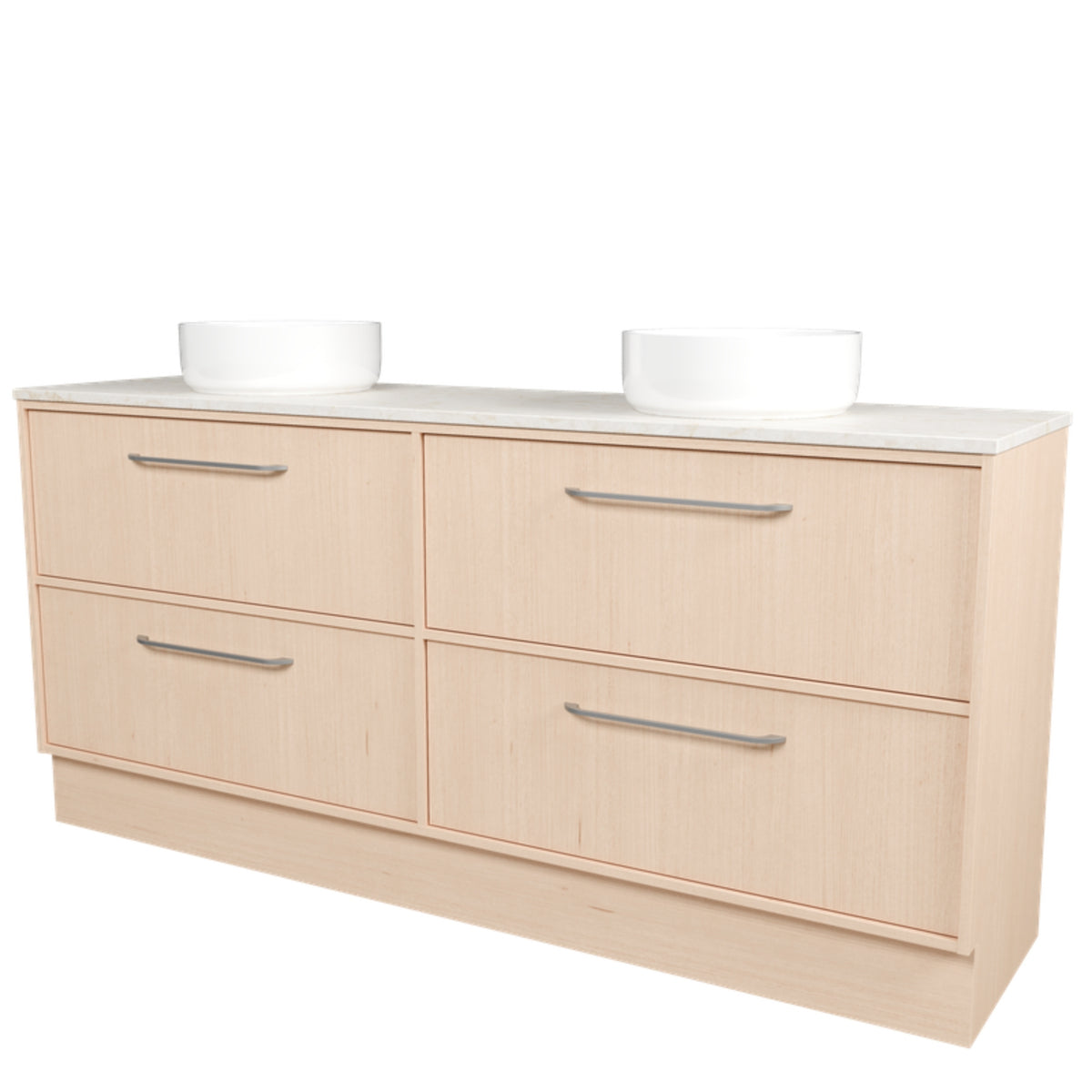 Timberline Taro floor standing vanity in light woodgrain with SilkSurface top and two above-counter basins, front view