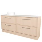 Timberline Taro floor standing vanity, light timber finish, SilkSurface top and white above counter basin, front view