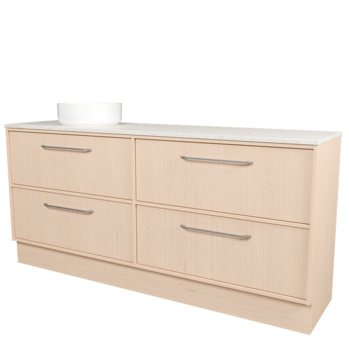 Timberline Taro floor standing vanity, light timber finish, SilkSurface top and white above counter basin, front view