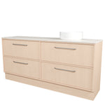 Timberline Taro floor standing vanity with light timber finish, SilkSurface top and white above counter basin, 4 drawers