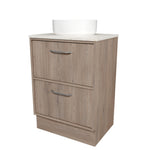 Timberline Taro floor standing vanity in woodgrain finish with SilkSurface top and white above-counter basin, front view