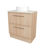 Timberline Taro floor standing vanity in light woodgrain with white basin and SilkSurface top, front view